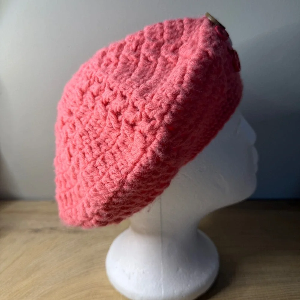 OshKosh B'Gosh Pink Crochet Knit Beret French Style Button Heart Flower Girl Hat